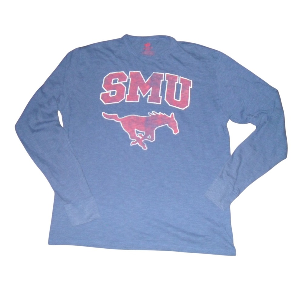 SMU‎ Mustangs Long Sleeve T-Shirt Mens 2XL Blue Cotton Slub Tee Banner Supply Co